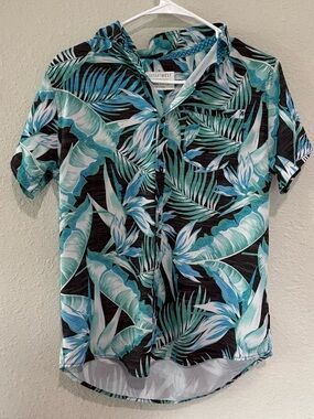 Short-Sleeve Tropical Print Shirt in Teal/Black 14/16